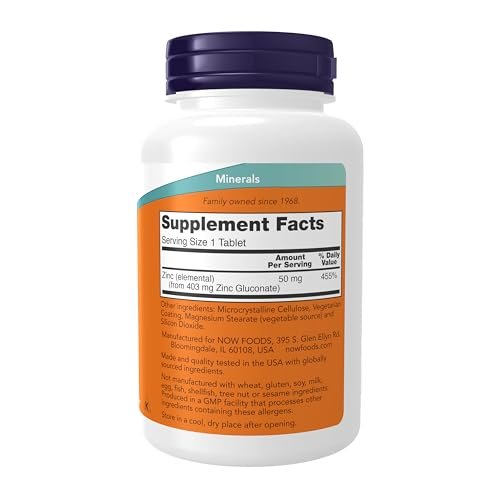 NOW Foods Zink (Zinkgluconat) 50 mg – 250 Tabletten – Unterstützt Enzymfunktionen & Immunsystem