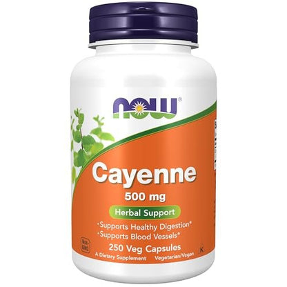 NOW Foods Kapseln, Cayenne (Capsicum annuum) 500 mg, Kräuterunterstützung, für die Verdauungsgesundheit, 250 vegane Kapseln