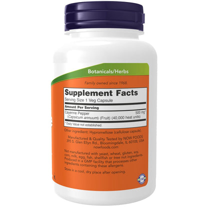 NOW Foods Kapseln, Cayenne (Capsicum annuum) 500 mg, Kräuterunterstützung, für die Verdauungsgesundheit, 250 vegane Kapseln