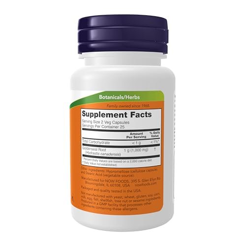 NOW Foods Goldenseal Wurzel (Hydrastis canadensis) 500 mg, pflanzliches Nahrungsergänzungsmittel, 50 vegane Kapseln