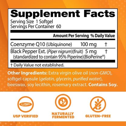 Doctor's Best Hochdosiertes CoQ10 mit BioPerine – 100 mg, 60 Softgels – Glutenfrei, natürlich fermentiert – Unterstützt Herzgesundheit & Energieproduktion