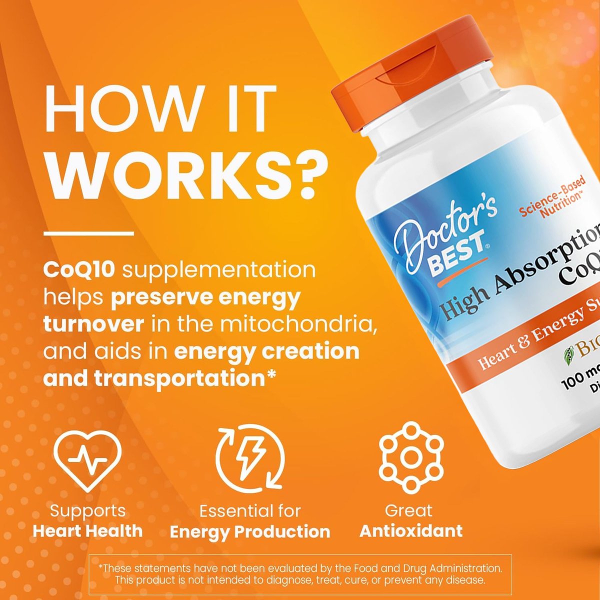 Doctor's Best Hochdosiertes CoQ10 mit BioPerine – 100 mg, 60 Softgels – Glutenfrei, natürlich fermentiert – Unterstützt Herzgesundheit & Energieproduktion