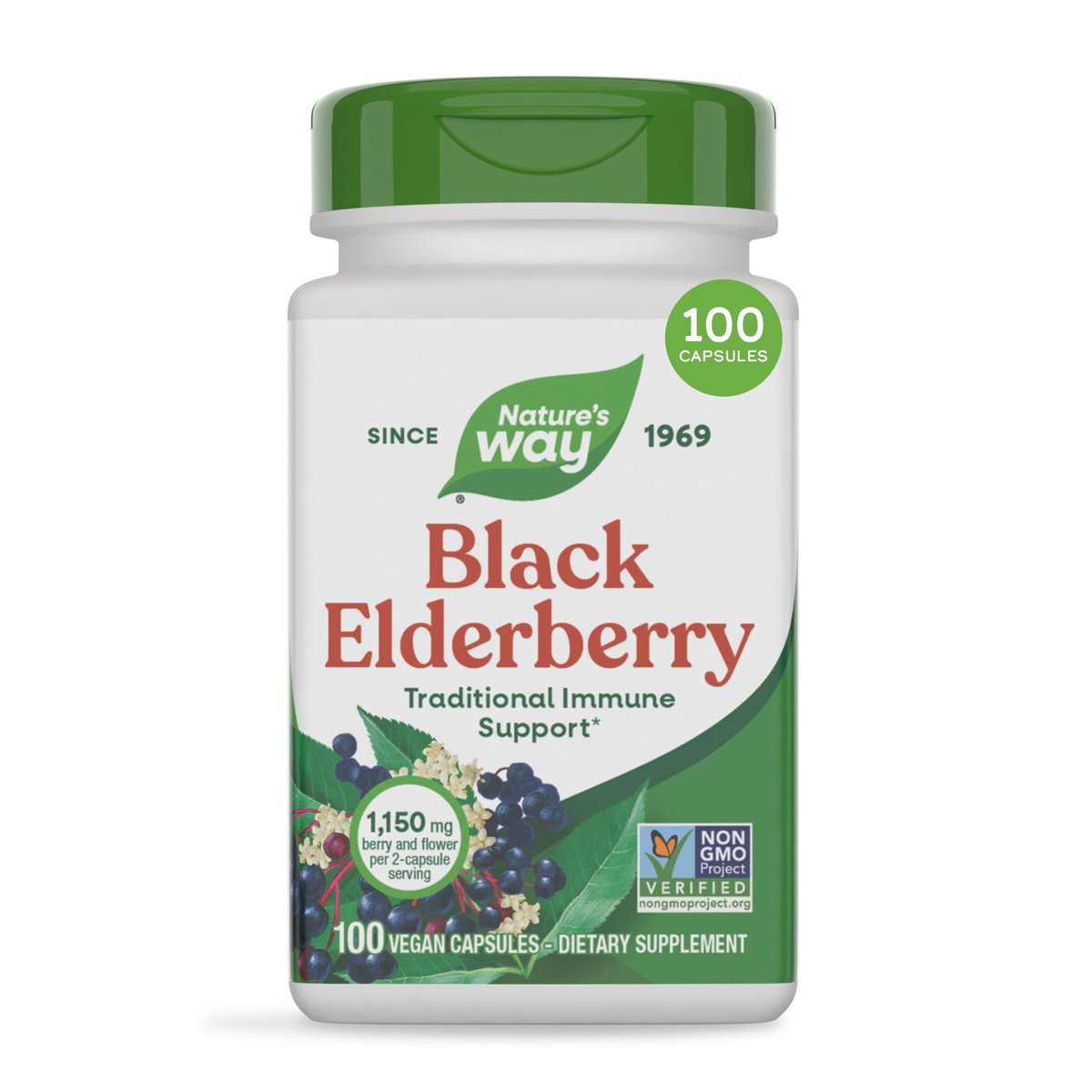 Nature's Way Schwarzer Holunder Kapseln – Immununterstützung mit Holunder & Holunderblüten, 1.150 mg pro 2-Kapsel-Portion, pflanzliche vegane Kapseln, 100 Stück