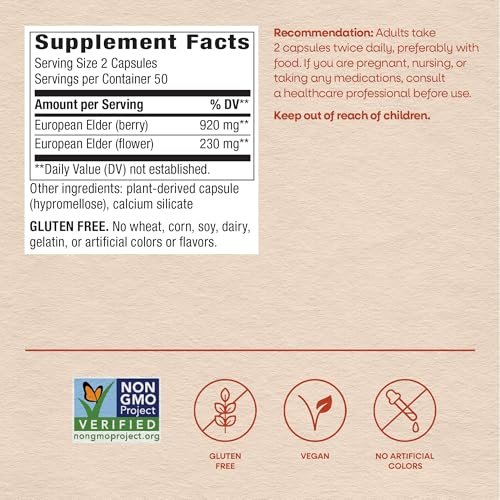 Nature's Way Schwarzer Holunder Kapseln – Immununterstützung mit Holunder & Holunderblüten, 1.150 mg pro 2-Kapsel-Portion, pflanzliche vegane Kapseln, 100 Stück
