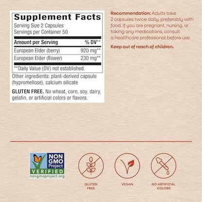 Nature's Way Schwarzer Holunder Kapseln – Immununterstützung mit Holunder & Holunderblüten, 1.150 mg pro 2-Kapsel-Portion, pflanzliche vegane Kapseln, 100 Stück