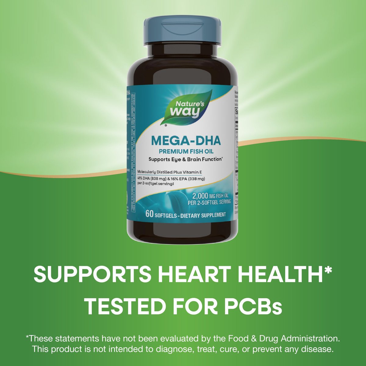 Nature's Way Mega-DHA Premium Fischöl – Unterstützt Augen- und Gehirnfunktion* – Omega-3, EPA, DHA – 2.000 mg Fischöl pro 2-Weichkapsel-Portion – 60 Weichkapseln (Verpackung kann variieren)