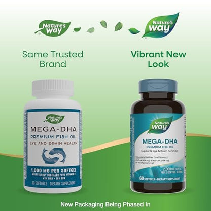 Nature's Way Mega-DHA Premium Fischöl – Unterstützt Augen- und Gehirnfunktion* – Omega-3, EPA, DHA – 2.000 mg Fischöl pro 2-Weichkapsel-Portion – 60 Weichkapseln (Verpackung kann variieren)
