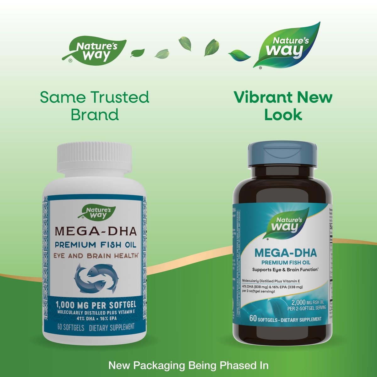 Nature's Way Mega-DHA Premium Fischöl – Unterstützt Augen- und Gehirnfunktion* – Omega-3, EPA, DHA – 2.000 mg Fischöl pro 2-Weichkapsel-Portion – 60 Weichkapseln (Verpackung kann variieren)