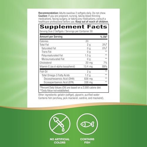 Nature's Way Mega-DHA Premium Fischöl – Unterstützt Augen- und Gehirnfunktion* – Omega-3, EPA, DHA – 2.000 mg Fischöl pro 2-Weichkapsel-Portion – 60 Weichkapseln (Verpackung kann variieren)