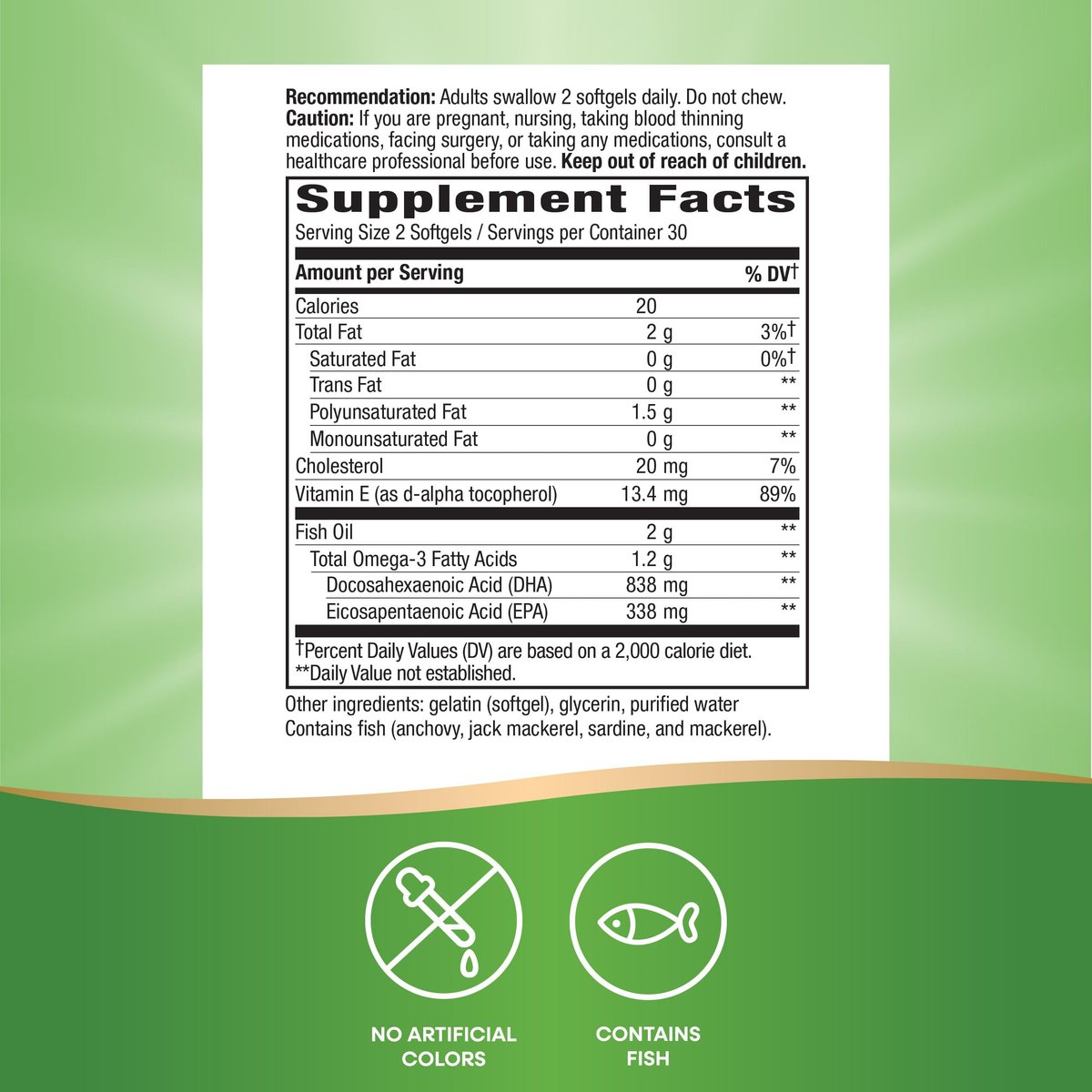 Nature's Way Mega-DHA Premium Fischöl – Unterstützt Augen- und Gehirnfunktion* – Omega-3, EPA, DHA – 2.000 mg Fischöl pro 2-Weichkapsel-Portion – 60 Weichkapseln (Verpackung kann variieren)