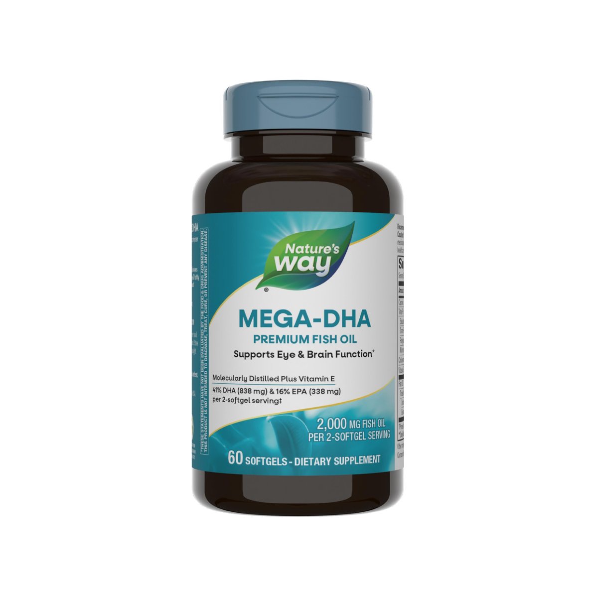 Nature's Way Mega-DHA Premium Fischöl – Unterstützt Augen- und Gehirnfunktion* – Omega-3, EPA, DHA – 2.000 mg Fischöl pro 2-Weichkapsel-Portion – 60 Weichkapseln (Verpackung kann variieren)