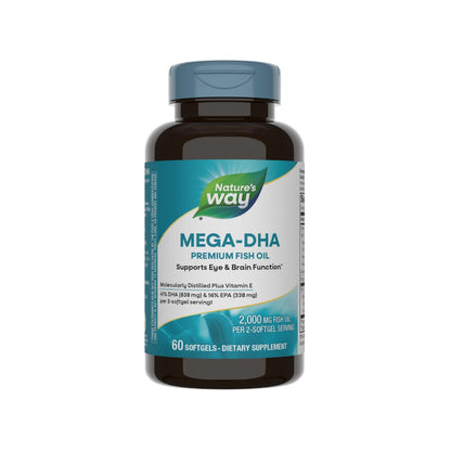Nature's Way Mega-DHA Premium Fischöl – Unterstützt Augen- und Gehirnfunktion* – Omega-3, EPA, DHA – 2.000 mg Fischöl pro 2-Weichkapsel-Portion – 60 Weichkapseln (Verpackung kann variieren)