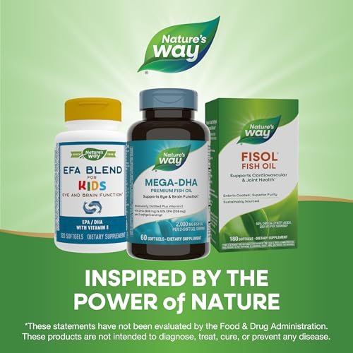 Nature's Way Mega-DHA Premium Fischöl – Unterstützt Augen- und Gehirnfunktion* – Omega-3, EPA, DHA – 2.000 mg Fischöl pro 2-Weichkapsel-Portion – 60 Weichkapseln (Verpackung kann variieren)