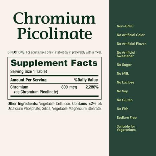 Nature's Bounty Chrom Picolinat 800 mcg – Mineralstoff zur Unterstützung des Fett-, Protein- und Zuckerstoffwechsels, 50 Tabletten