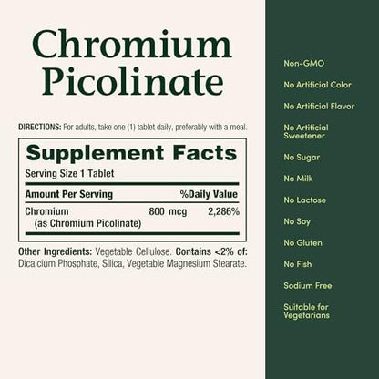 Nature's Bounty Chrom Picolinat 800 mcg – Mineralstoff zur Unterstützung des Fett-, Protein- und Zuckerstoffwechsels, 50 Tabletten
