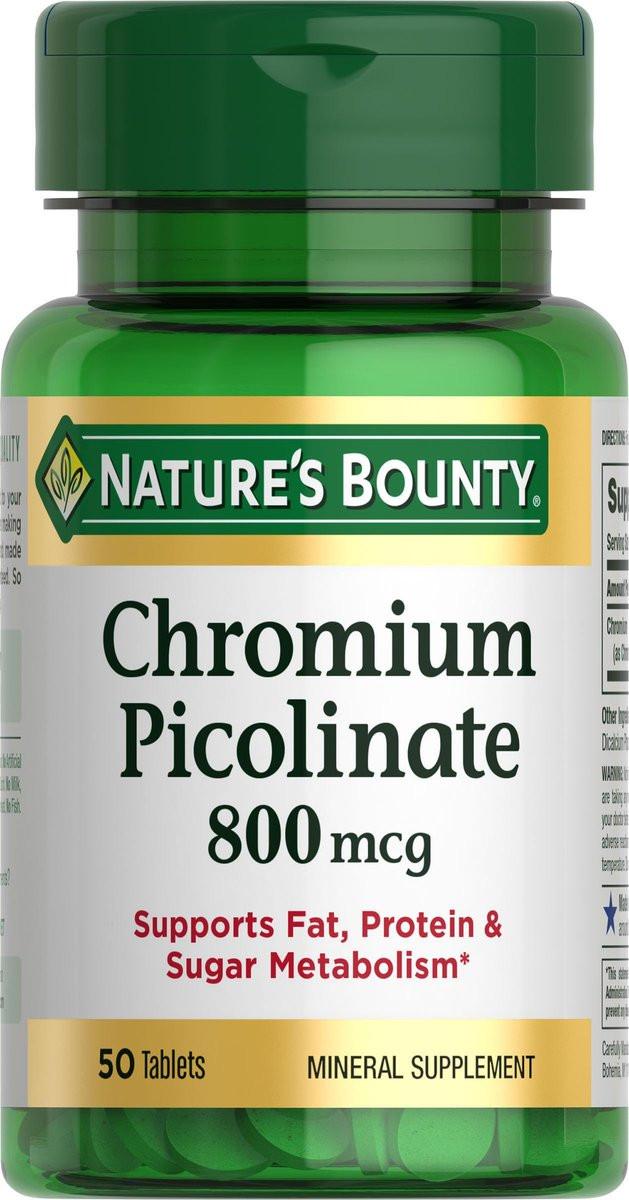 Nature's Bounty Chrom Picolinat 800 mcg – Mineralstoff zur Unterstützung des Fett-, Protein- und Zuckerstoffwechsels, 50 Tabletten