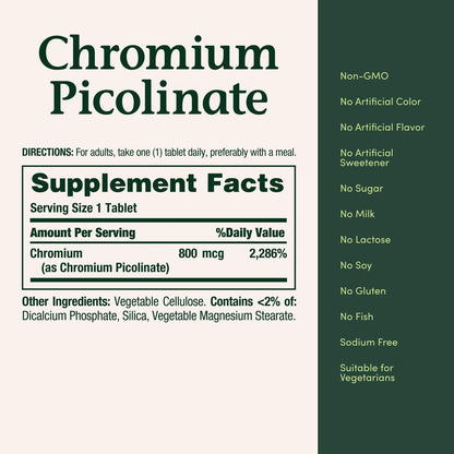 Nature's Bounty Chrom Picolinat 800 mcg – Mineralstoff zur Unterstützung des Fett-, Protein- und Zuckerstoffwechsels, 50 Tabletten