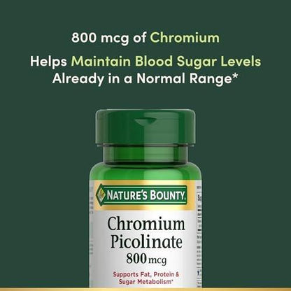 Nature's Bounty Chrom Picolinat 800 mcg – Mineralstoff zur Unterstützung des Fett-, Protein- und Zuckerstoffwechsels, 50 Tabletten
