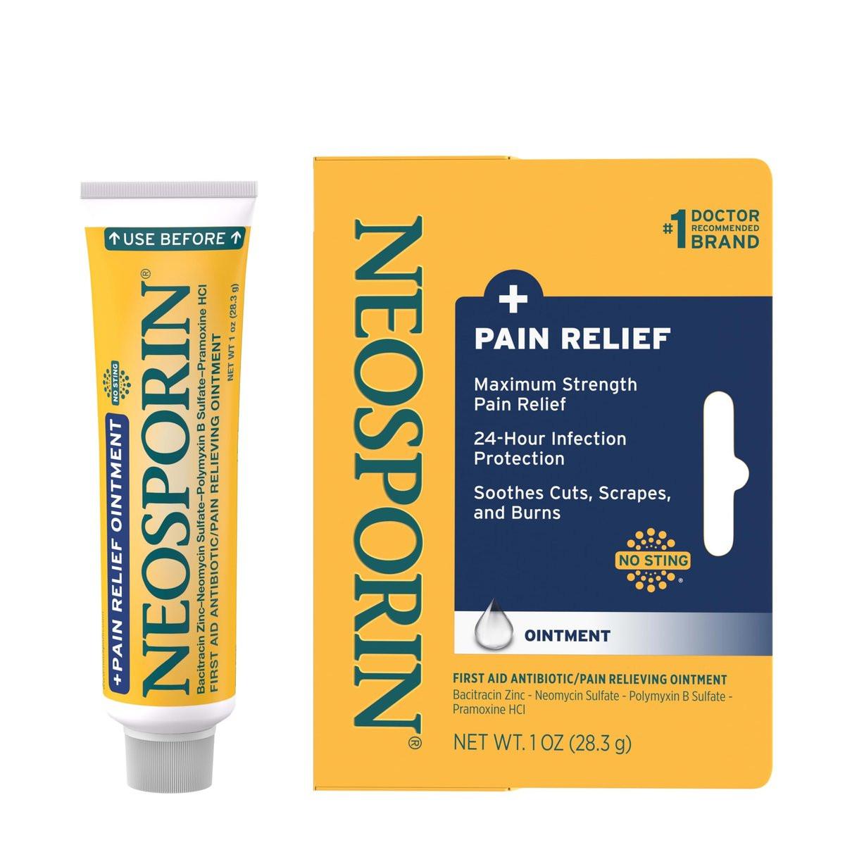 Neosporin + Schmerzlindernde Salbe mit maximaler Stärke, Dreifach-Antibiotikum, beruhigender Infektionsschutz, nicht brennende topische Erste-Hilfe-Wundversorgung für kleine Schnitte, Schrammen & Verbrennungen, 1 Unze Tube