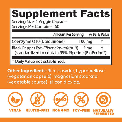 Doctor's BEST Hochdosiertes CoQ10 mit BioPerine - Coenzym Q10 Kapseln für Herzgesundheit & antioxidative Unterstützung, natürlich fermentiertes CoQ10 100mg für Frauen & Männer, Non GMO - 60 vegane Kapseln