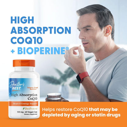 Doctor's BEST Hochdosiertes CoQ10 mit BioPerine - Coenzym Q10 Kapseln für Herzgesundheit & antioxidative Unterstützung, natürlich fermentiertes CoQ10 100mg für Frauen & Männer, Non GMO - 60 vegane Kapseln