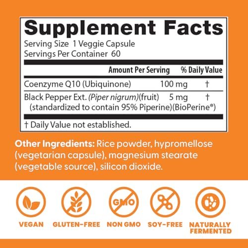 Doctor's BEST Hochdosiertes CoQ10 mit BioPerine - Coenzym Q10 Kapseln für Herzgesundheit & antioxidative Unterstützung, natürlich fermentiertes CoQ10 100mg für Frauen & Männer, Non GMO - 60 vegane Kapseln