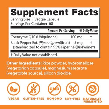 Doctor's BEST Hochdosiertes CoQ10 mit BioPerine - Coenzym Q10 Kapseln für Herzgesundheit & antioxidative Unterstützung, natürlich fermentiertes CoQ10 100mg für Frauen & Männer, Non GMO - 60 vegane Kapseln