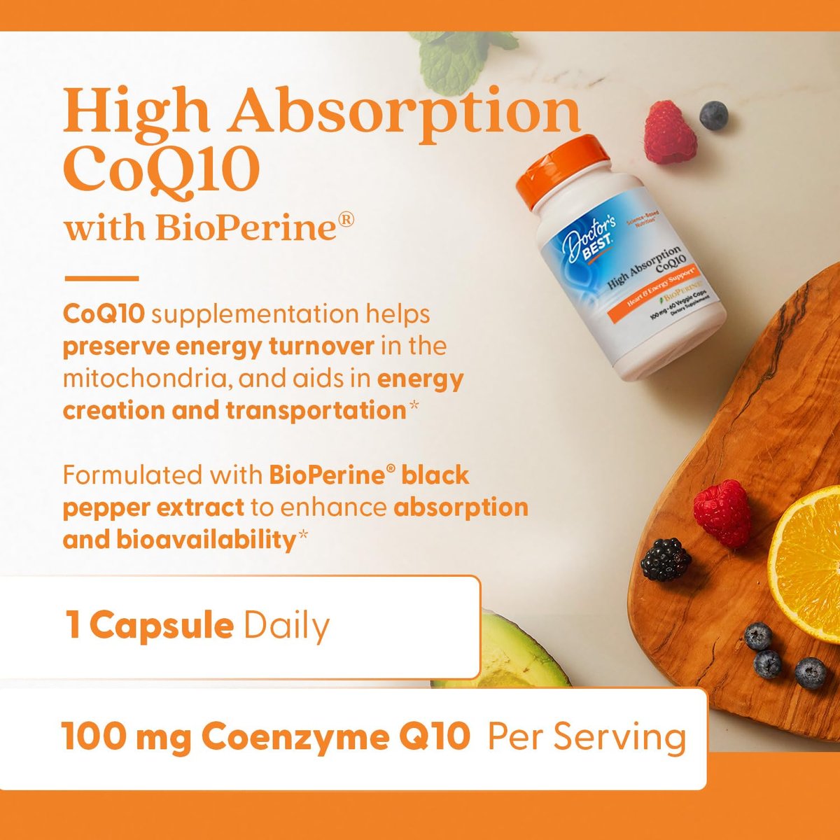 Doctor's BEST Hochdosiertes CoQ10 mit BioPerine - Coenzym Q10 Kapseln für Herzgesundheit & antioxidative Unterstützung, natürlich fermentiertes CoQ10 100mg für Frauen & Männer, Non GMO - 60 vegane Kapseln