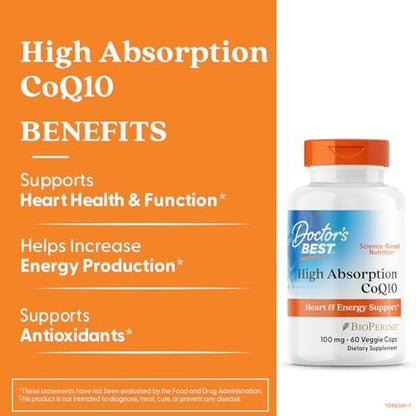 Doctor's BEST Hochdosiertes CoQ10 mit BioPerine - Coenzym Q10 Kapseln für Herzgesundheit & antioxidative Unterstützung, natürlich fermentiertes CoQ10 100mg für Frauen & Männer, Non GMO - 60 vegane Kapseln