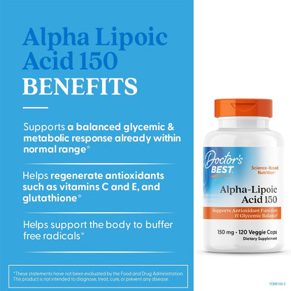 Doctor's Best Alpha-Liponsäure 150 mg – Unterstützt den Glukosestoffwechsel und regeneriert Antioxidantien* – Non-GMO, Glutenfrei, Vegan, Sojafrei, 120 vegane Kapseln
