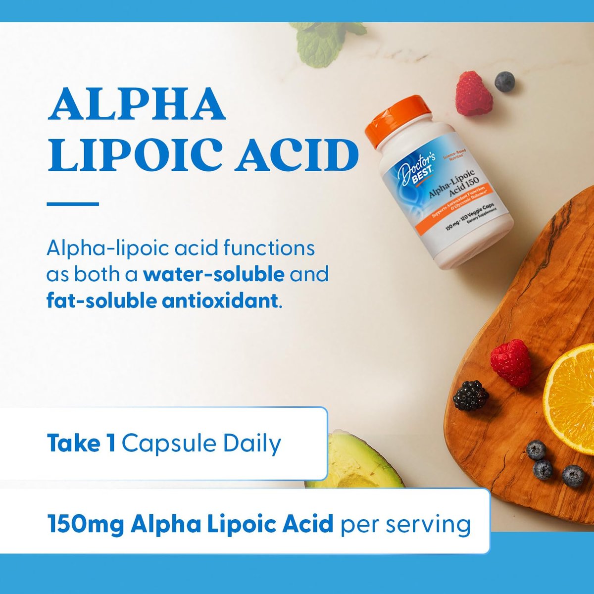 Doctor's Best Alpha-Liponsäure 150 mg – Unterstützt den Glukosestoffwechsel und regeneriert Antioxidantien* – Non-GMO, Glutenfrei, Vegan, Sojafrei, 120 vegane Kapseln