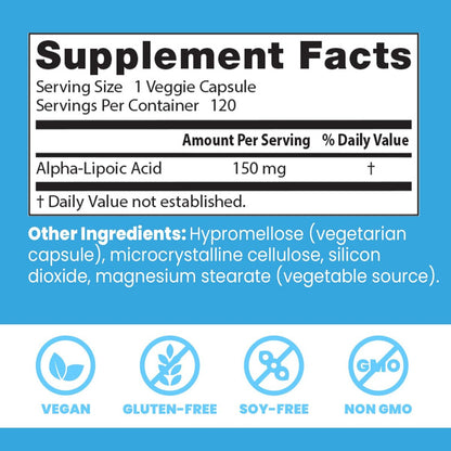 Doctor's Best Alpha-Liponsäure 150 mg – Unterstützt den Glukosestoffwechsel und regeneriert Antioxidantien* – Non-GMO, Glutenfrei, Vegan, Sojafrei, 120 vegane Kapseln