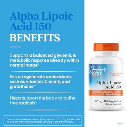 Doctor's Best Alpha-Liponsäure 150 mg – Unterstützt den Glukosestoffwechsel und regeneriert Antioxidantien* – Non-GMO, Glutenfrei, Vegan, Sojafrei, 120 vegane Kapseln