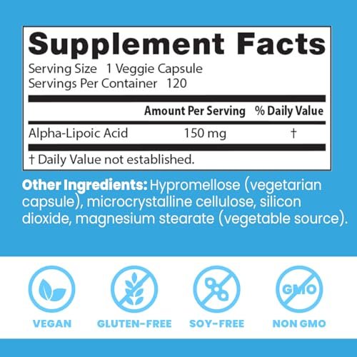 Doctor's Best Alpha-Liponsäure 150 mg – Unterstützt den Glukosestoffwechsel und regeneriert Antioxidantien* – Non-GMO, Glutenfrei, Vegan, Sojafrei, 120 vegane Kapseln