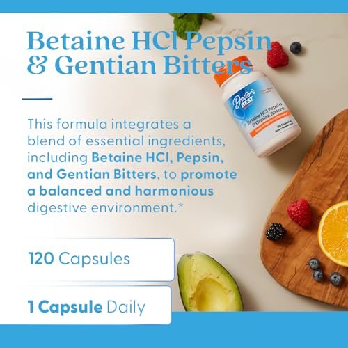 Doctor's Best Betain HCI Pepsin & Enzianbitter – Verdauungsenzyme für Proteinabbau & Absorption, Non-GMO, glutenfrei, 120 Kapseln