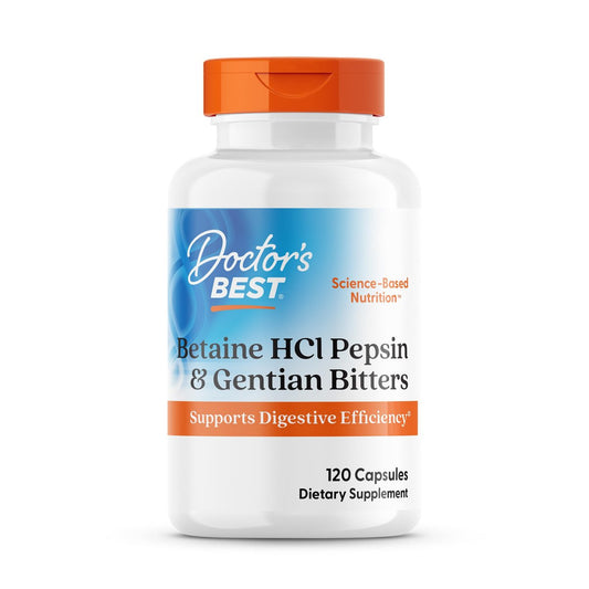 Doctor's Best Betain HCI Pepsin & Enzianbitter – Verdauungsenzyme für Proteinabbau & Absorption, Non-GMO, glutenfrei, 120 Kapseln
