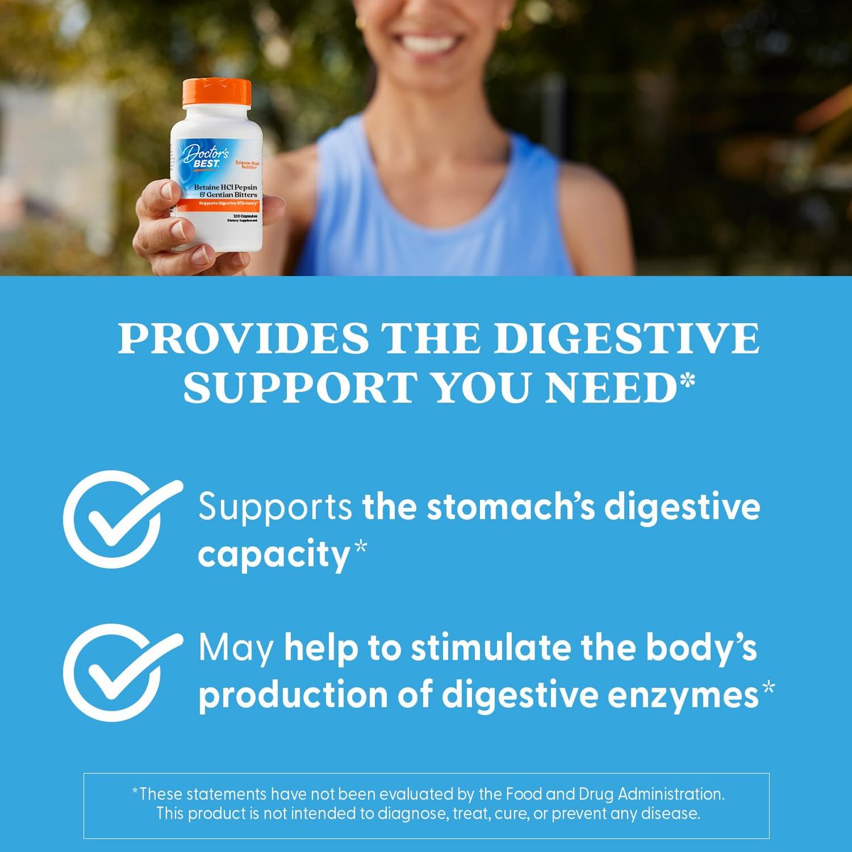 Doctor's Best Betain HCI Pepsin & Enzianbitter – Verdauungsenzyme für Proteinabbau & Absorption, Non-GMO, glutenfrei, 120 Kapseln
