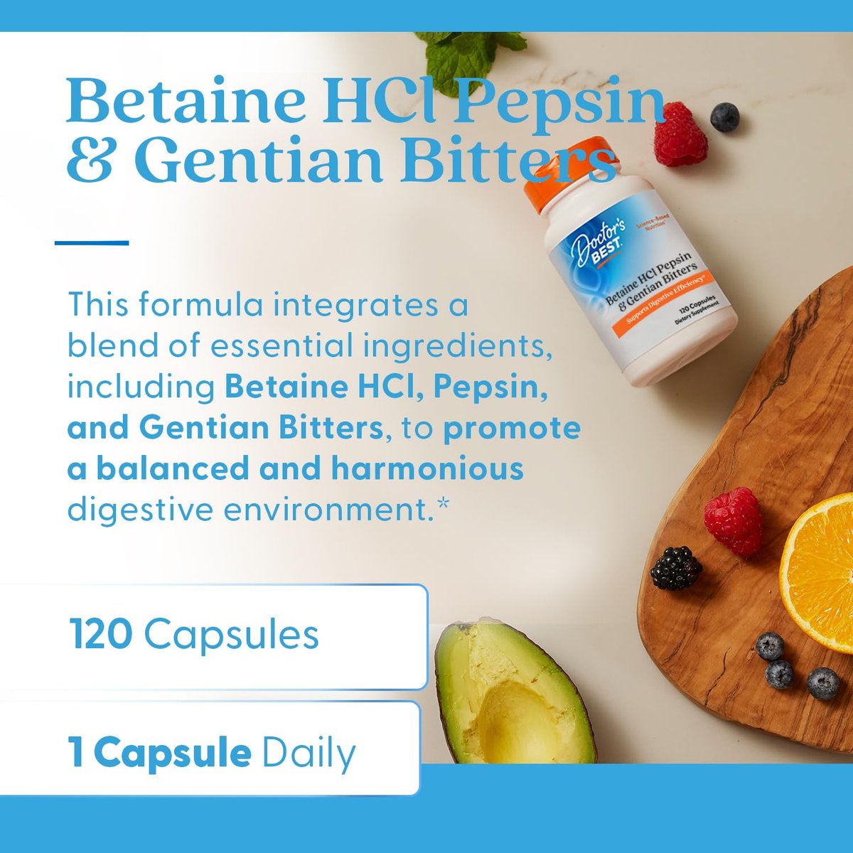 Doctor's Best Betain HCI Pepsin & Enzianbitter – Verdauungsenzyme für Proteinabbau & Absorption, Non-GMO, glutenfrei, 120 Kapseln