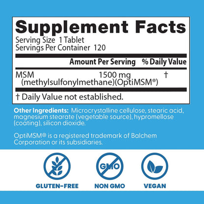 Doctor's Best MSM Supplement 1500mg für Männer & Frauen - Unterstützt Haar, Haut, Nägel, Gelenkgesundheit & Beweglichkeit, Liefert wertvollen Schwefel mit OptiMSM, Glutenfrei, Nicht-GVO, Vegan - 120 Tabletten
