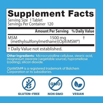 Doctor's Best MSM Supplement 1500mg für Männer & Frauen - Unterstützt Haar, Haut, Nägel, Gelenkgesundheit & Beweglichkeit, Liefert wertvollen Schwefel mit OptiMSM, Glutenfrei, Nicht-GVO, Vegan - 120 Tabletten