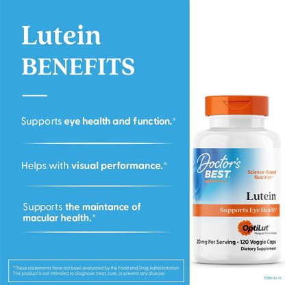 Doctor's Best Lutein 20 mg mit Trans-Zeaxanthin – Augen-Gesundheit, Sehkraft & Makula-Unterstützung, 120 vegane Kapseln