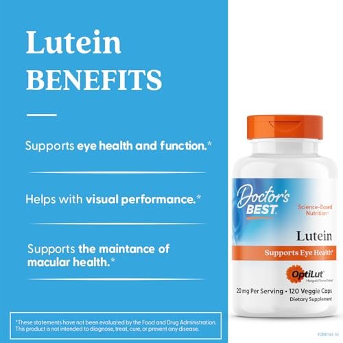 Doctor's Best Lutein 20 mg mit Trans-Zeaxanthin – Augen-Gesundheit, Sehkraft & Makula-Unterstützung, 120 vegane Kapseln