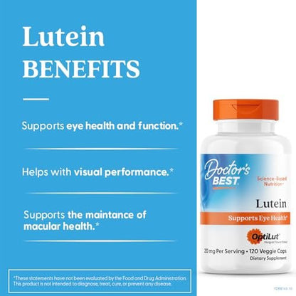 Doctor's Best Lutein 20 mg mit Trans-Zeaxanthin – Augen-Gesundheit, Sehkraft & Makula-Unterstützung, 120 vegane Kapseln