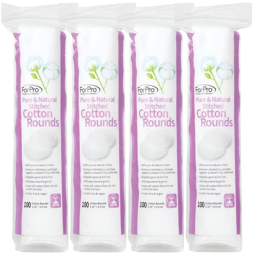 ForPro Pure & Natural Stitched Cotton Rounds für das Gesicht (400 Stück), 100% reine Baumwoll-Abschminkpads, hypoallergen, fusselfrei, vegan & tierversuchsfrei, Packung mit 4 x 100 Wattepads
