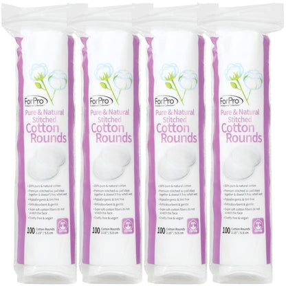 ForPro Pure & Natural Stitched Cotton Rounds für das Gesicht (400 Stück), 100% reine Baumwoll-Abschminkpads, hypoallergen, fusselfrei, vegan & tierversuchsfrei, Packung mit 4 x 100 Wattepads