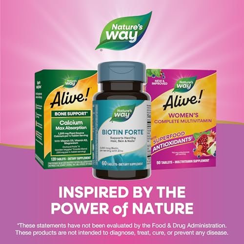 Nature's Way Biotin Forte – 3000 mcg Biotin für gesundes Haar, Haut & Nägel, mit Zink, Vitamin C & B-Vitaminen, 60 Tabletten