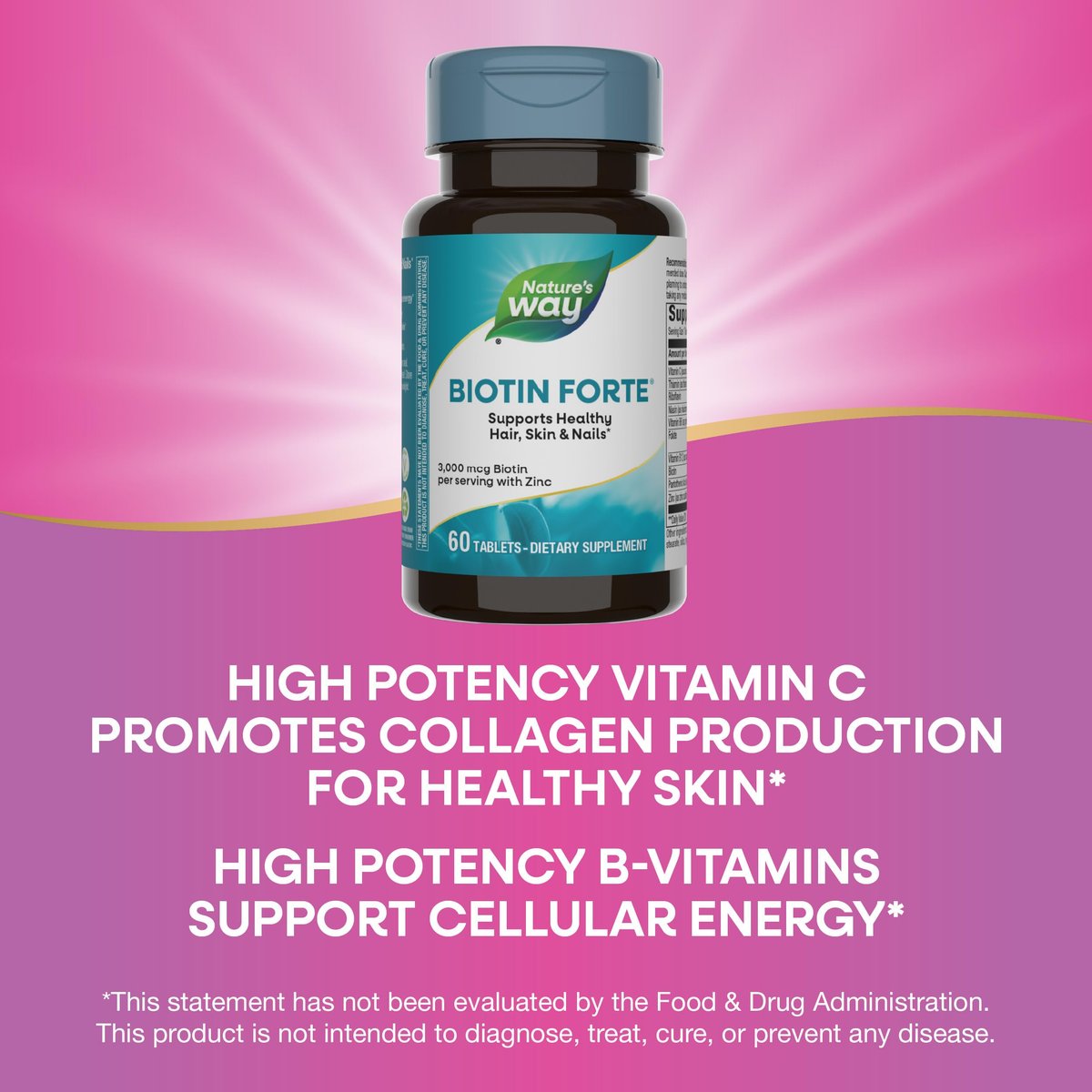 Nature's Way Biotin Forte – 3000 mcg Biotin für gesundes Haar, Haut & Nägel, mit Zink, Vitamin C & B-Vitaminen, 60 Tabletten