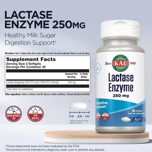 KAL Lactase Enzym 250 mg – Verdauungsunterstützung bei Laktoseintoleranz, flüssigkeitsgefüllte ActivGels, ohne Soja, 250 FCC-Einheiten, 30 Portionen, 60 Softgels