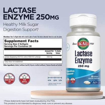 KAL Lactase Enzym 250 mg – Verdauungsunterstützung bei Laktoseintoleranz, flüssigkeitsgefüllte ActivGels, ohne Soja, 250 FCC-Einheiten, 30 Portionen, 60 Softgels