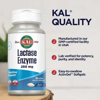 KAL Lactase Enzym 250 mg – Verdauungsunterstützung bei Laktoseintoleranz, flüssigkeitsgefüllte ActivGels, ohne Soja, 250 FCC-Einheiten, 30 Portionen, 60 Softgels